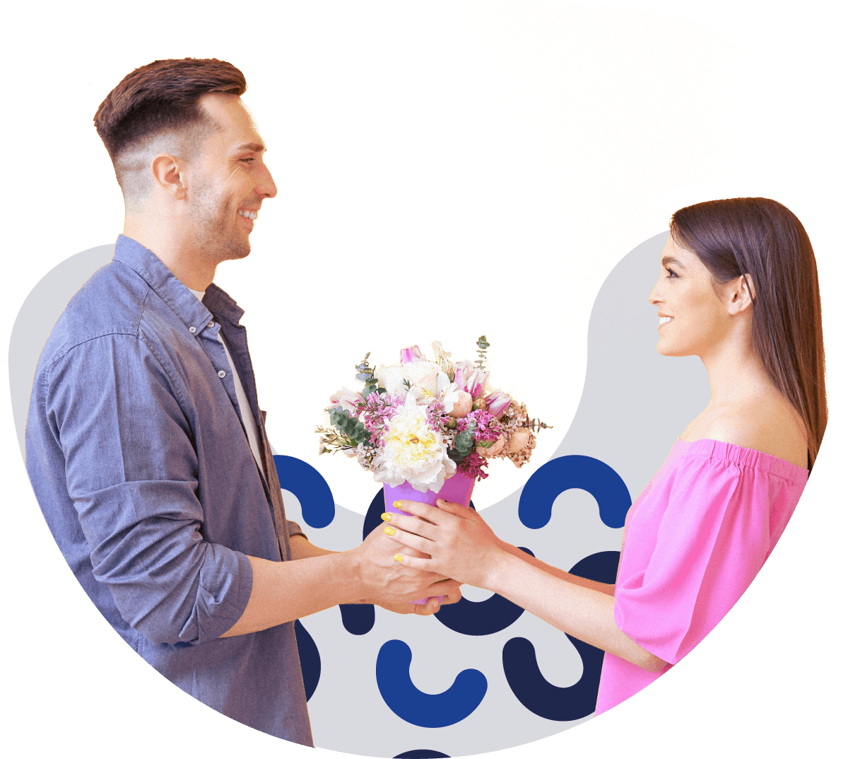 A man delivering a bouquet of flowers to a woman