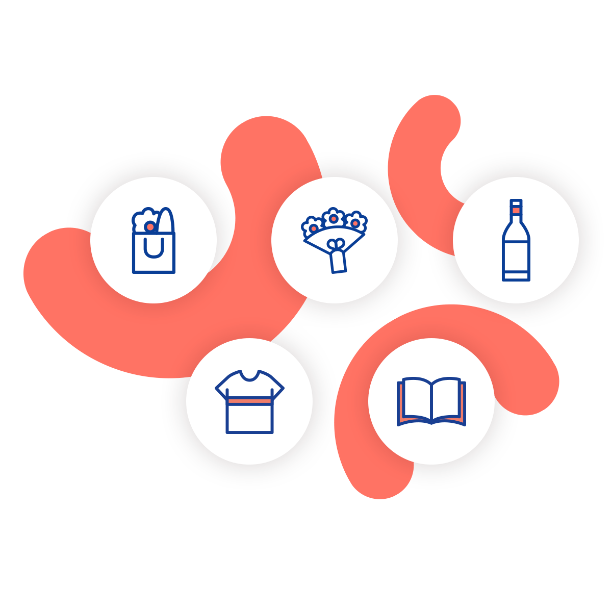 Bag, flower, wine, tshirt and book pictograms with an illustration