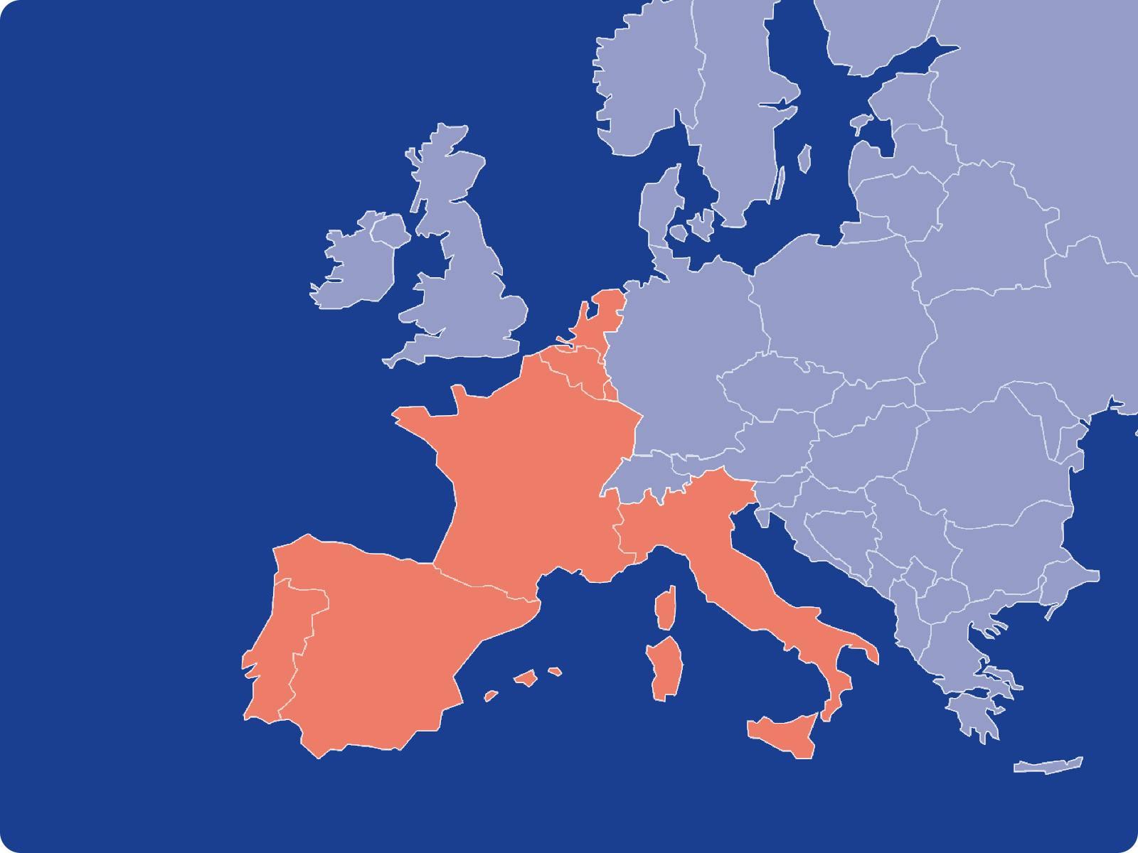 Carte de l'Europe avec la présence de Shopopop indiquée en couleur orange